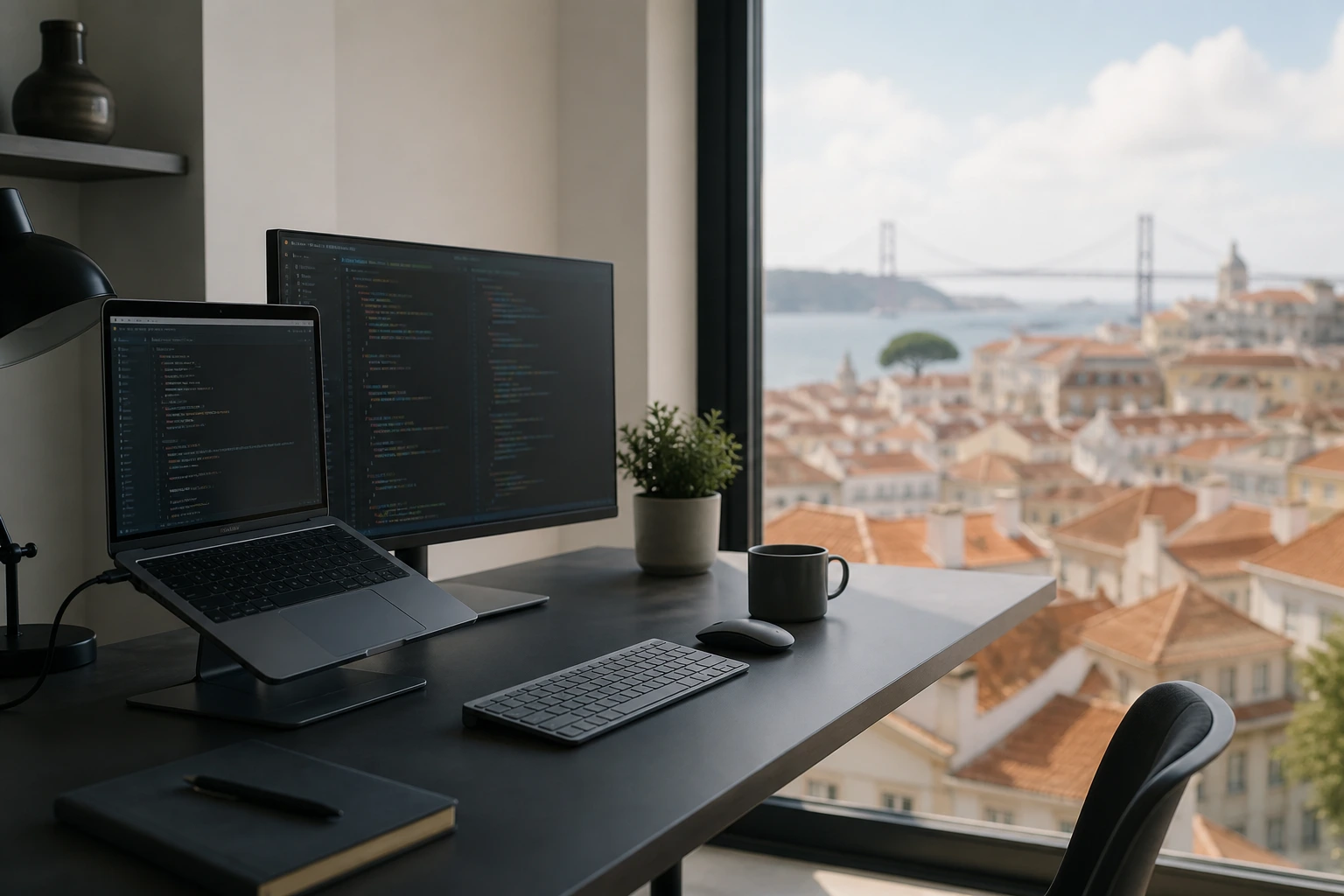 Developer workspace with code on screen and a view of Lisbon rooftops and the Tagus river